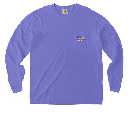 Flibbertigibbet Tee, a Violet Comfort Colors Long Sleeve Pocket Tee (back-view)
