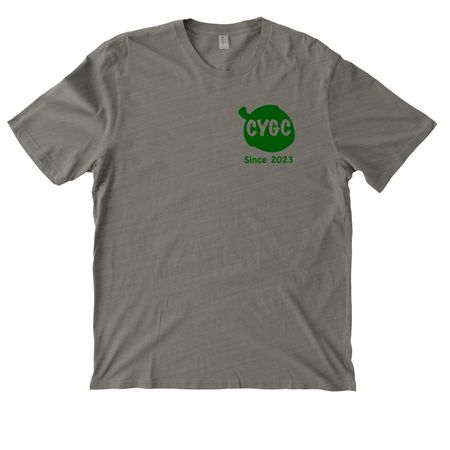 CYGC Front and Back Print Green Logo, a Driftwood Grey Allmade Organic Cotton Mineral Dye Tee