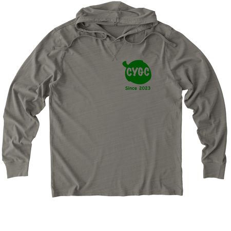 CYGC Front and Back Print Green Logo, a Driftwood Grey Allmade Organic Cotton Mineral Dye Hoodie Tee