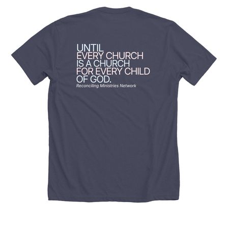RMN | Until Every Church, a Heather Midnight Navy Premium Unisex Tee (back-view)
