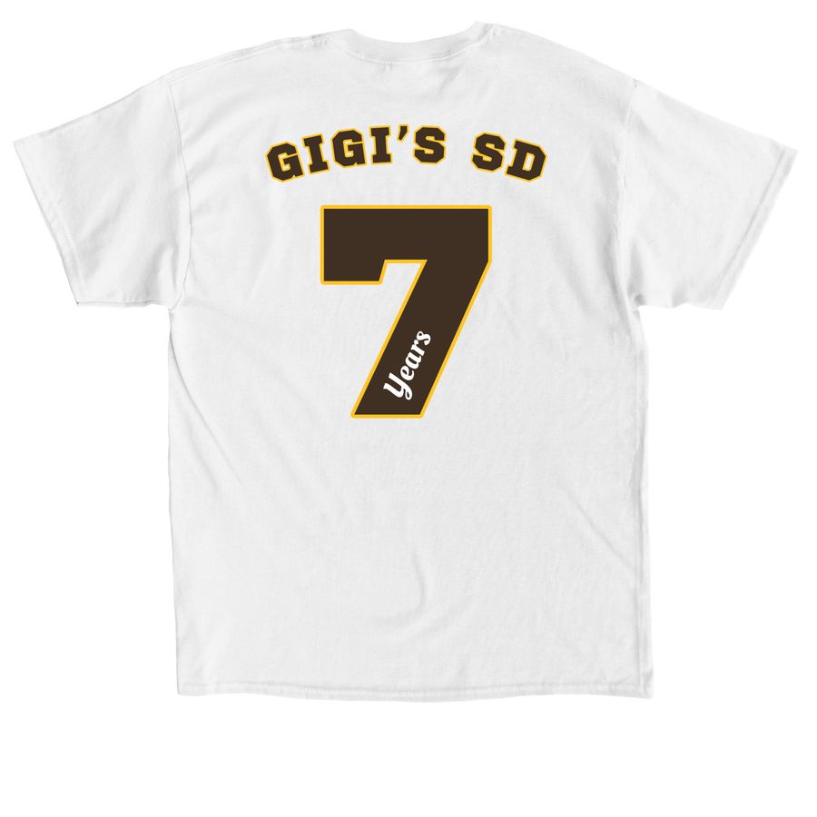 GiGi?s Friar Tee ? 7 Years Strong (White), a White Classic Unisex Tee (back-view)