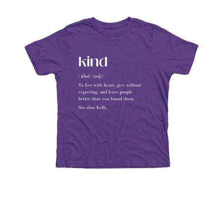 Kind Like Kelli - Kind (adj.) White Text, a Heather Team Purple Premium Youth Tee