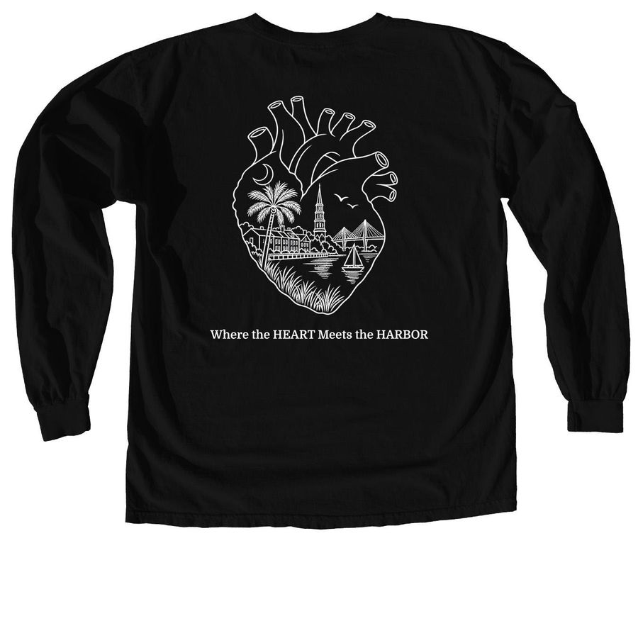 Where the HEART Meets the HARBOR-White Logo, a Black Comfort Colors Long Sleeve Tee (back-view)