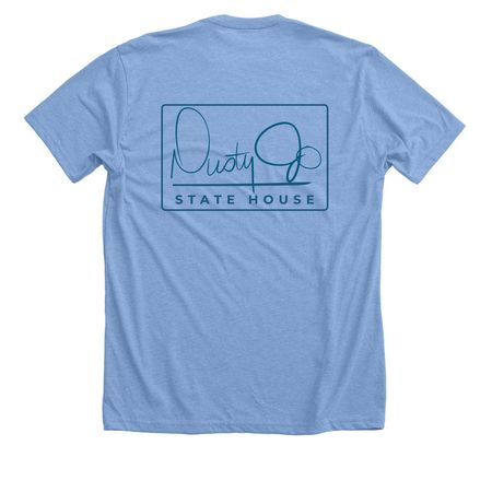 Dusty Jo State House, a Heather Carolina Blue Premium Unisex Tee (back-view)