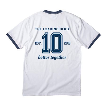 Loading Dock Legends in Blue, a White/ Navy Cotton Ringer Tee (back-view)