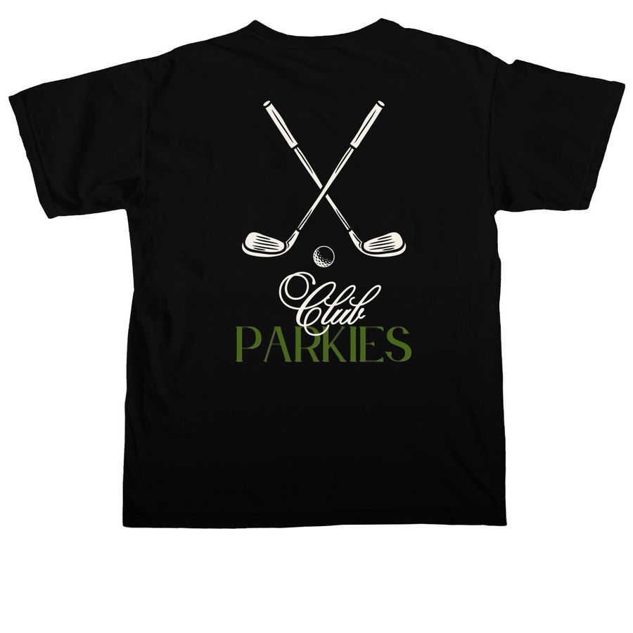 Club Parkies Tournament Swag, a Black Comfort Colors Unisex Tee (back-view)