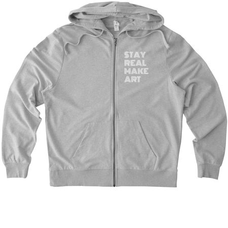 Stay Real Make Art zip-up hoodie, a Granite Grey Heather Allmade Organic French Terry Zip Up Hoodie
