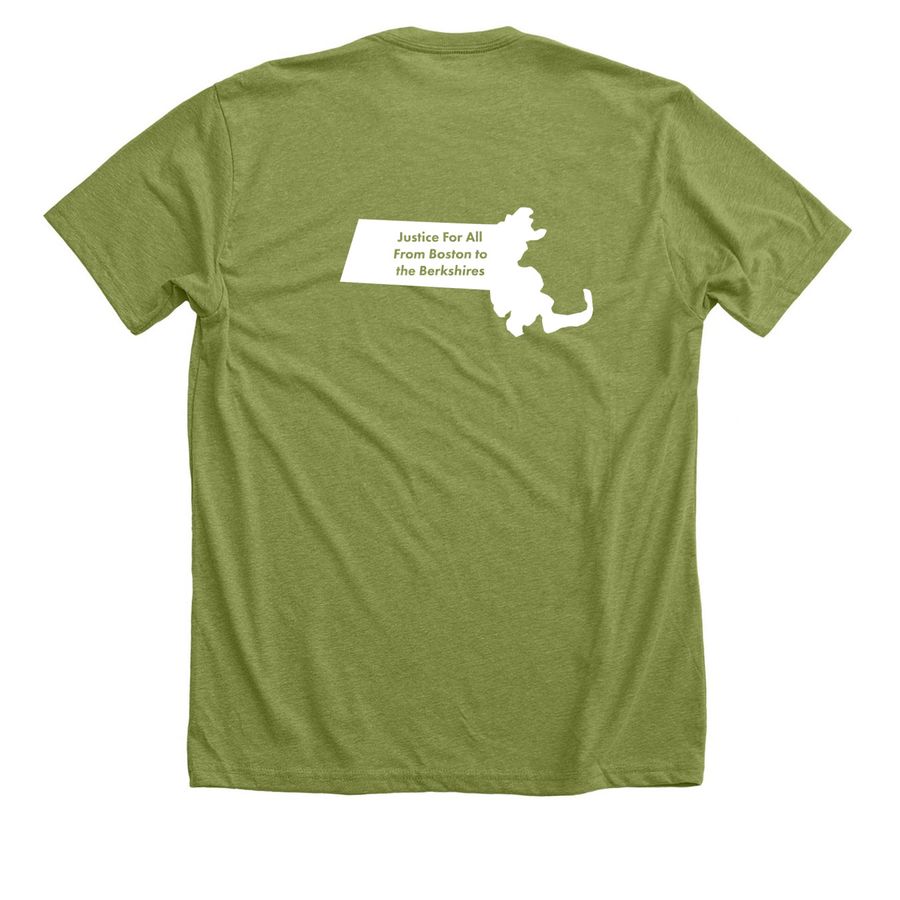 Justice for All From Boston to the Berkshires, a Heather Green Premium Unisex Tee (back-view)