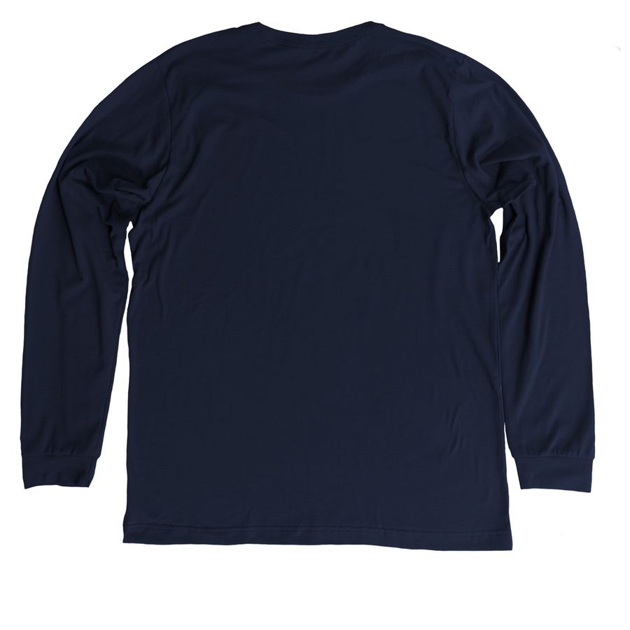 Play Fetch, Don't Litter, a Heather Midnight Navy Premium Long Sleeve Tee (back-view)