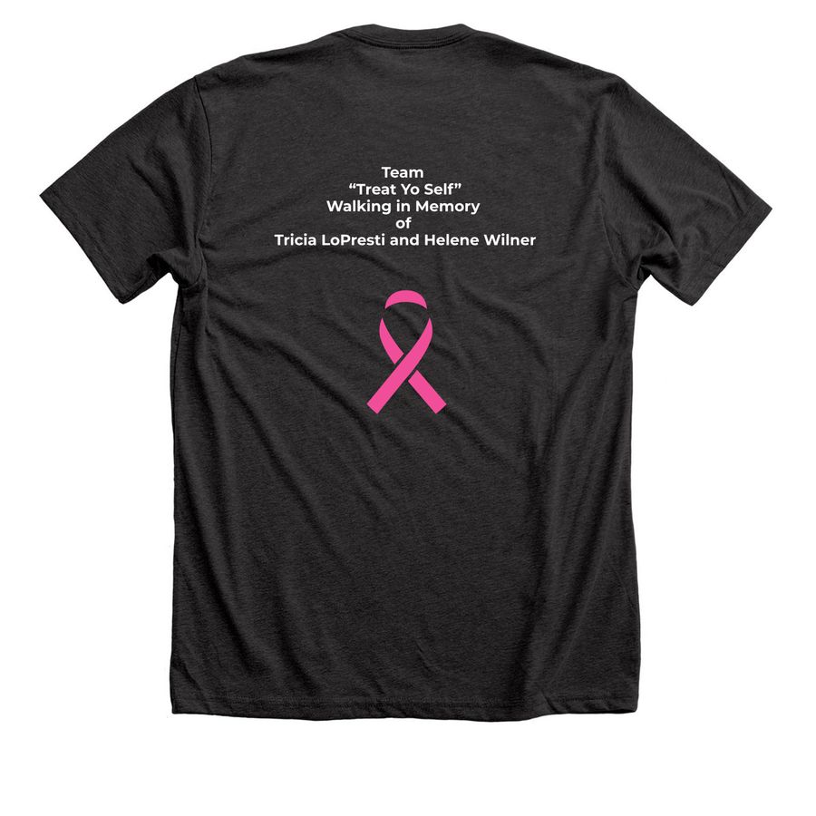 Team ?Treat Yo Self? shirts, a Dark Grey Heather Premium Unisex Tee (back-view)