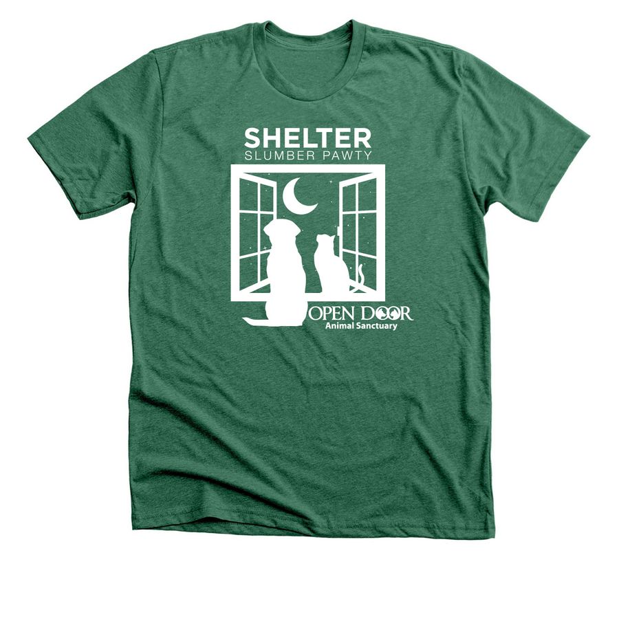 Shelter Slumber Pawty 2026, a Heather Grass Green Premium Unisex Tee