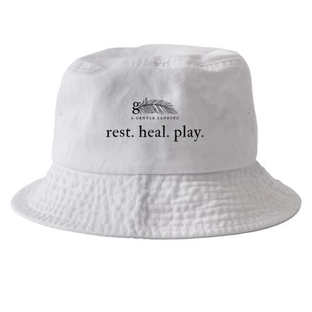 rest. heal. play. (white bucket hat), a White Printed Bucket Hat