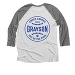 Team Grayson: Knock Cancer Out Of The Park!, a Premium Heather and Heather White 3/4 Sleeve Baseball Tee (back-view)