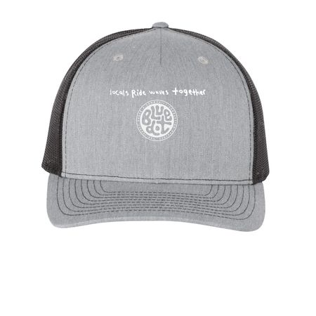 blue dot: "locals ride waves together", a Heather Grey/ Black Printed Five-Panel Trucker Cap