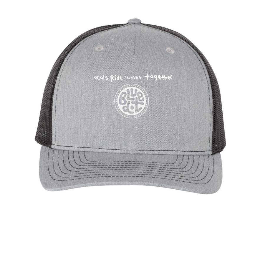 blue dot: "locals ride waves together", a Heather Grey/ Black Printed Five-Panel Trucker Cap