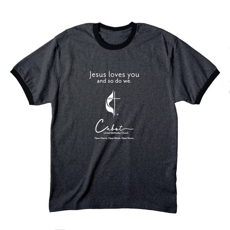 CUMC Jesus loves you Shirts, a Dark Heather Grey/ Jet Black Cotton Ringer Tee