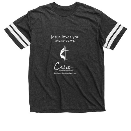 CUMC Jesus loves you Shirts, a Vintage Smoke / White Football Jersey Tee
