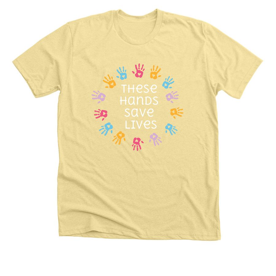 Le Bonheur Hands, a Heather French Vanilla Premium Unisex Tee