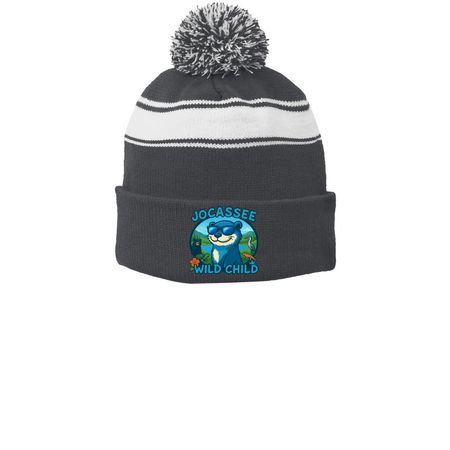 Beanies, a Iron Grey/ White Printed Stripe Pom-Pom Beanie