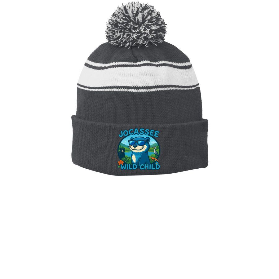 Beanies, a Iron Grey/ White Printed Stripe Pom-Pom Beanie