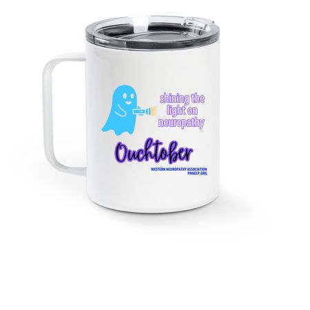 Ouchtober 2026 Travel Mug, a White Stainless Steel Travel Mug (back-view)