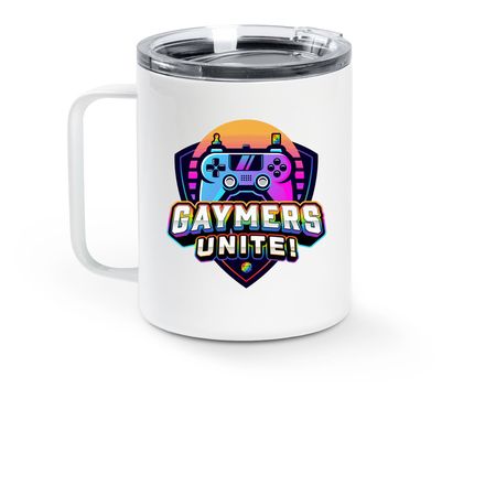 OGL Travel Mug, a White Stainless Steel Travel Mug (back-view)