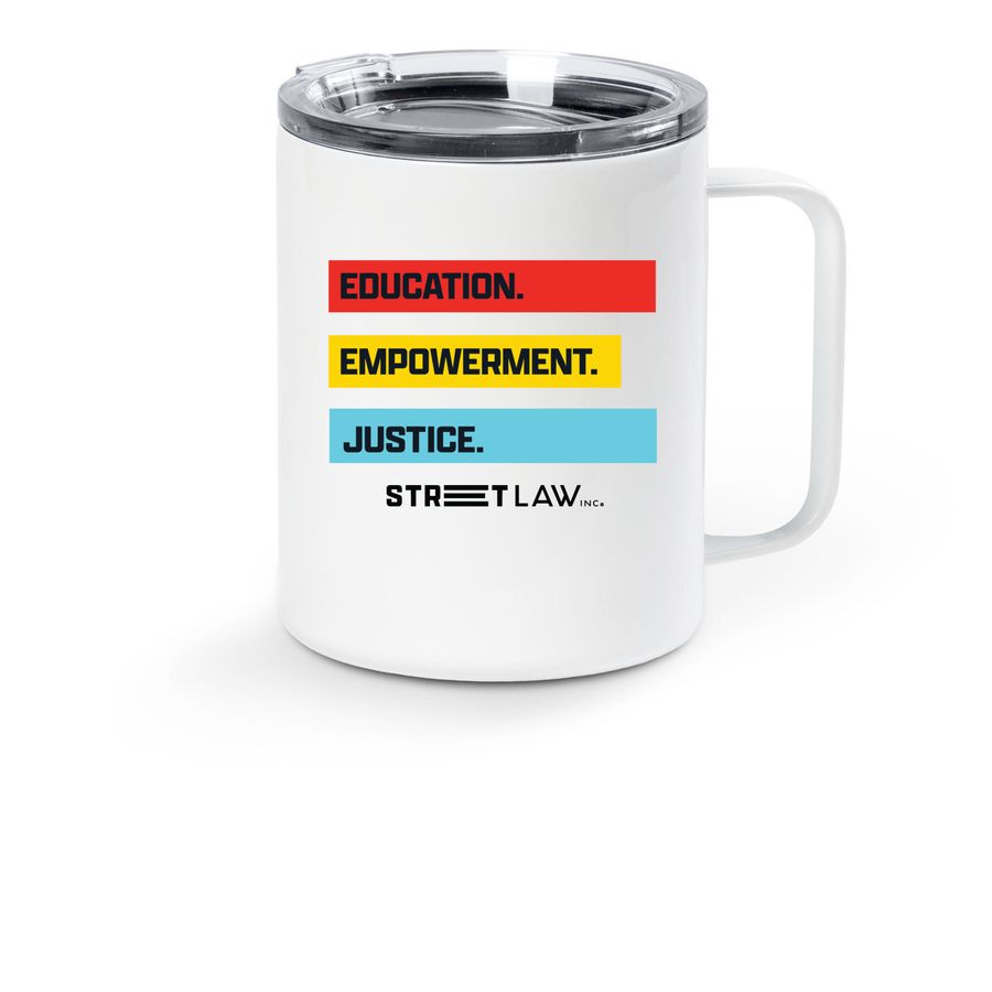 Education. Empowerment. Justice. Travel Mug, a White Stainless Steel Travel Mug