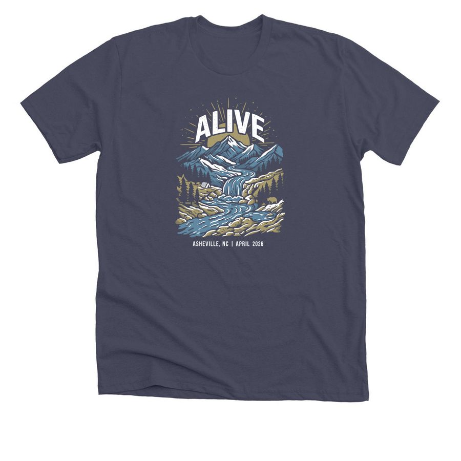 Alive: Asheville, NC | April 2026, a Heather Midnight Navy Premium Unisex Tee