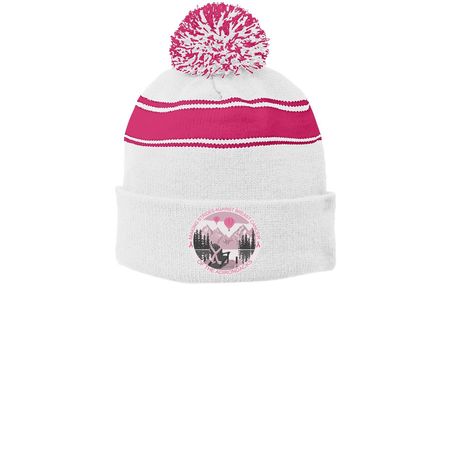 ADK 2026 Hats, a White/ Pink Raspberry Printed Stripe Pom-Pom Beanie