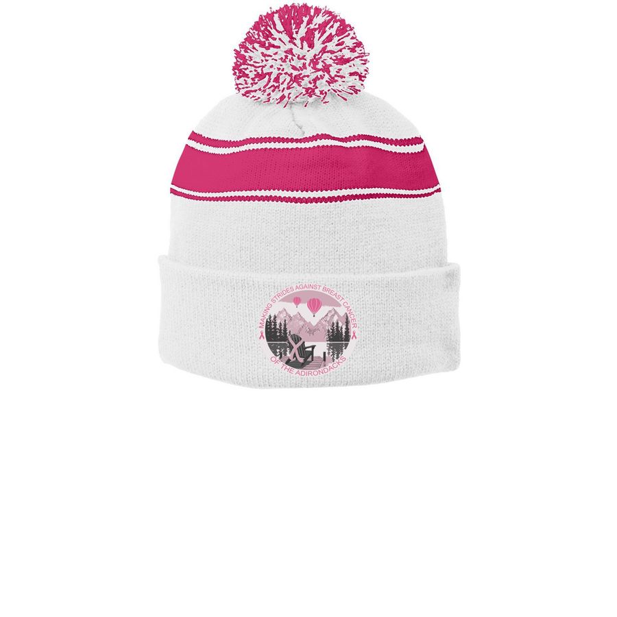 ADK 2026 Hats, a White/ Pink Raspberry Printed Stripe Pom-Pom Beanie