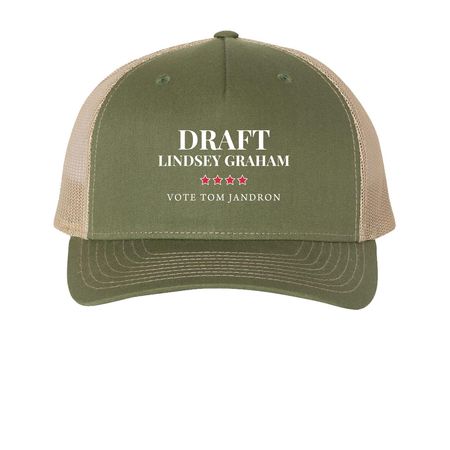 Draft Graham/Vote Jandron Hats, a Army Olive Green/ Tan Printed Five-Panel Trucker Cap