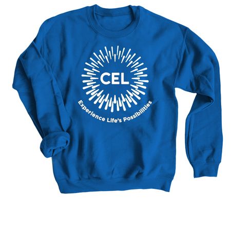 White CEL Logo on Colorful Shirts, a Royal Blue Crewneck Sweatshirt