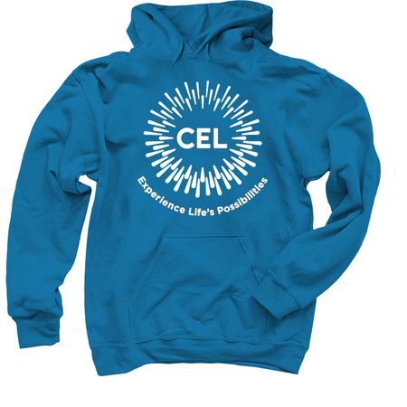White CEL Logo on Colorful Shirts, a Sapphire Pullover Hoodie