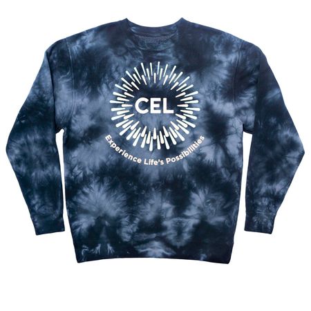 White CEL Logo on Colorful Shirts, a Black Tie Dye Crewneck Sweatshirt