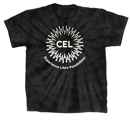 White CEL Logo on Colorful Shirts, a Black Classic Tie Dye Tee