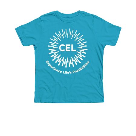 White CEL Logo on Colorful Shirts, a Neon Blue Premium Youth Tee