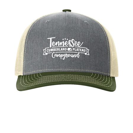 TCPC SWAG HATS, a Heather Grey/ Birch/ Army Olive Printed Five-Panel Trucker Cap