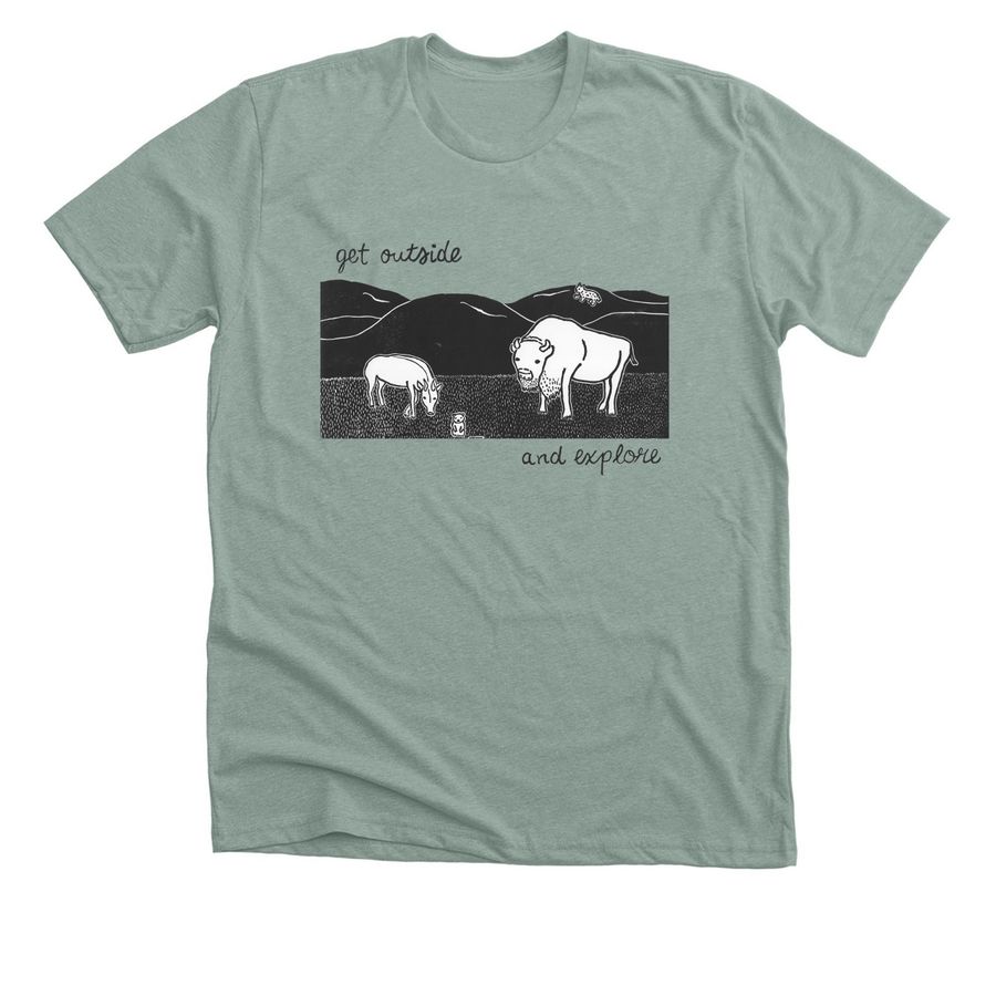 Get Outside and Explore, a Heather Sage Premium Unisex Tee