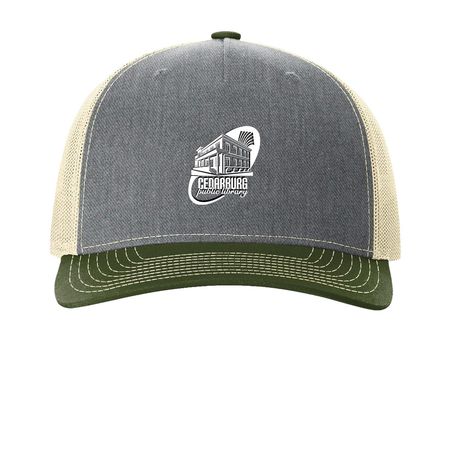 Library Hair, Don?t Care with CPL, a Heather Grey/ Birch/ Army Olive Printed Five-Panel Trucker Cap