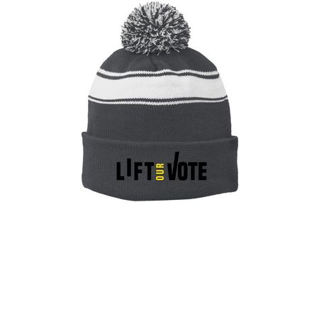 Lift Our Vote Swag Caps, a Iron Grey/ White Printed Stripe Pom-Pom Beanie