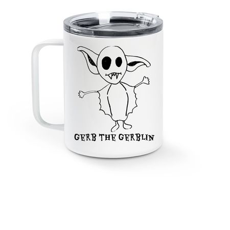 Gerb the Gerblin, a White Stainless Steel Travel Mug (back-view)