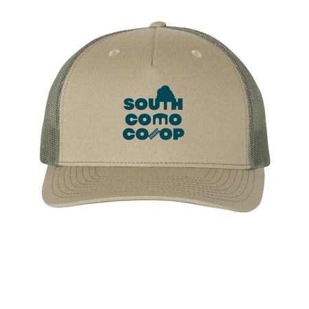 South Como Co-op Hats, a Pale Khaki/ Loden Green Printed Five-Panel Trucker Cap