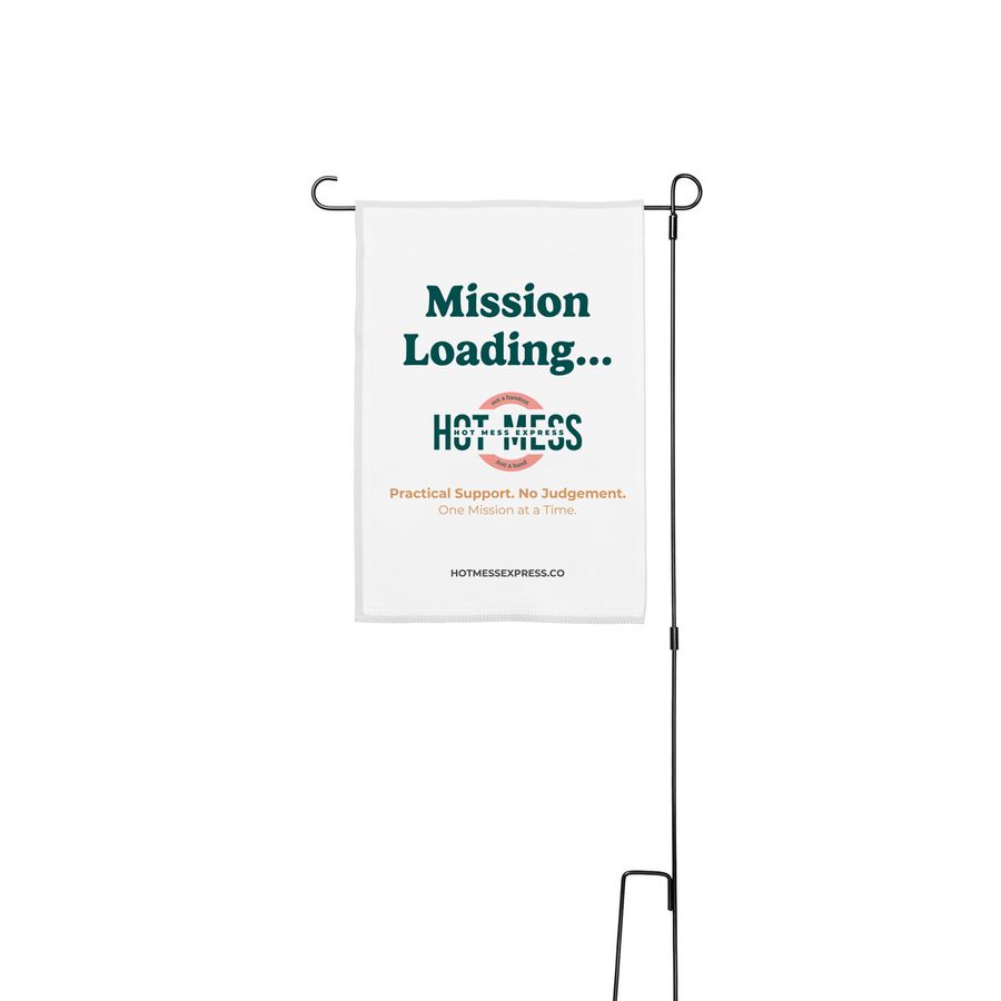 Mission Loading... Yard Flag, a White 12" x 18" Yard Flag with Stake