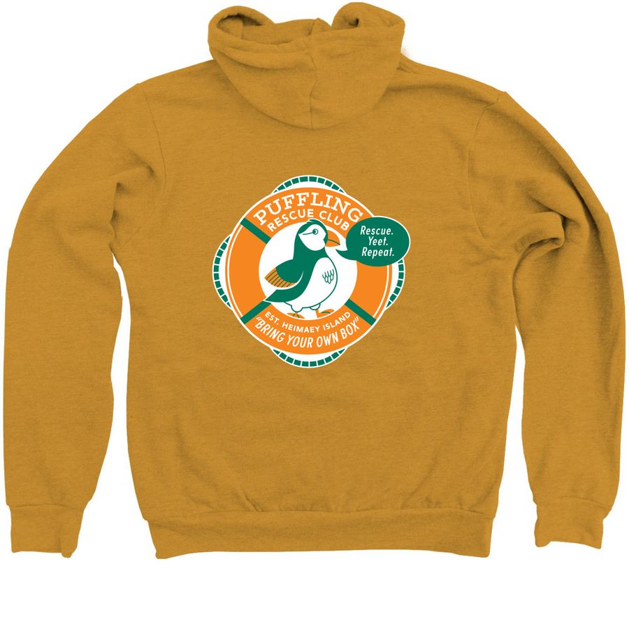 Puffin Rescue Club, a Heather Mustard Zip Up Hoodie (back-view)