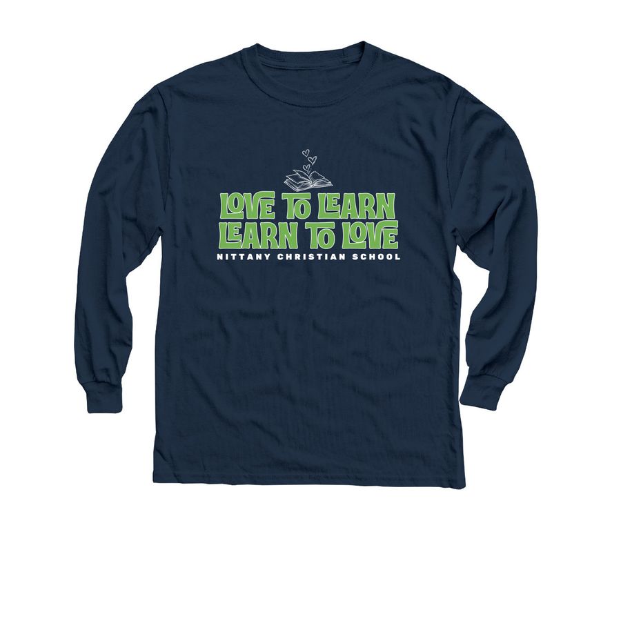 Love to Learn, Learn to Love, a Navy Youth Long Sleeve Tee