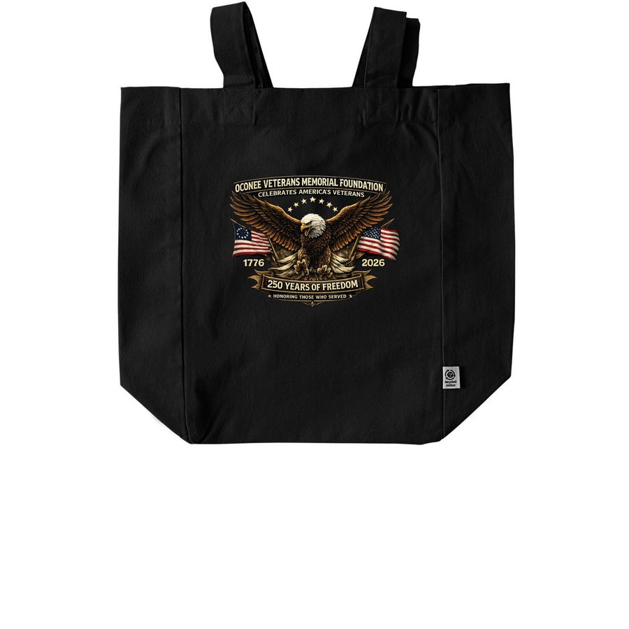 Oconee Veterans Memorial Celebrates 250&nbsp;, a Black Recycled Cotton Tote Bag