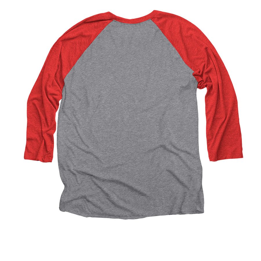 BREAK THE RULES. LOVE EVERYONE., a Red and Premium Heather 3/4 Sleeve Baseball Tee (back-view)