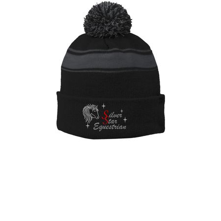 winter Hats&nbsp;, a Black/ Iron Grey Printed Stripe Pom-Pom Beanie