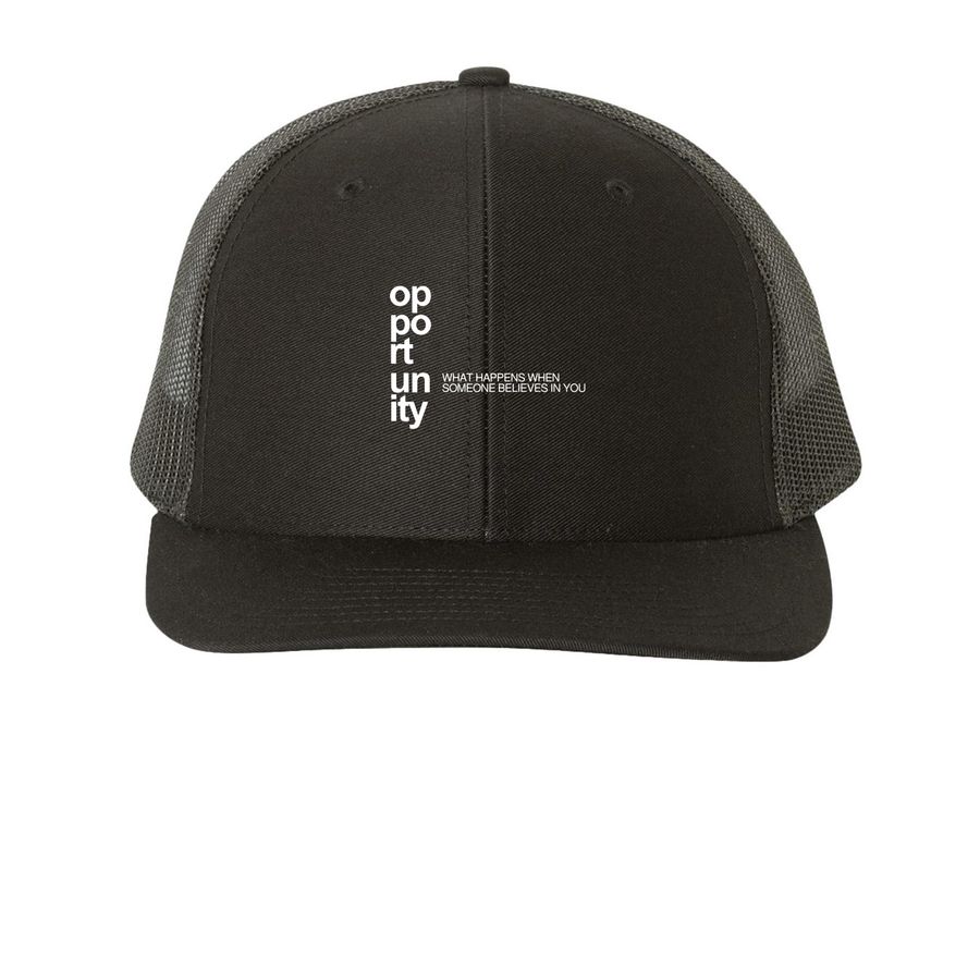 Opportunity Trucker Hat, a Black Printed Snapback Trucker Cap