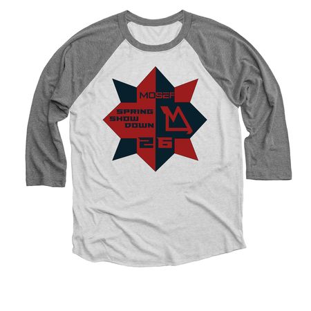 2026 MOSEF Spring Showdown, a Premium Heather and Heather White 3/4 Sleeve Baseball Tee